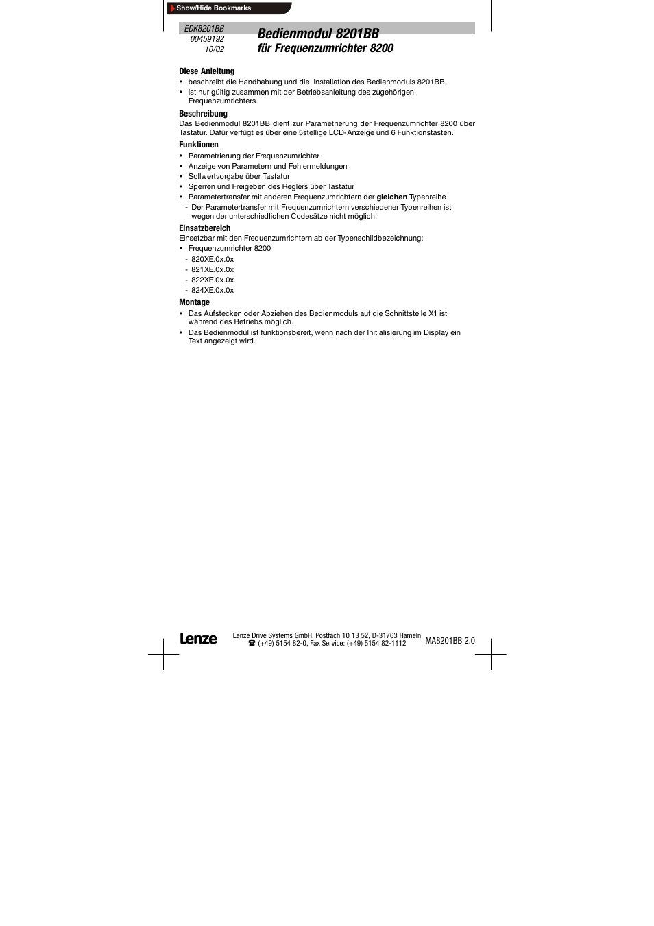 Lenze EDK8201BB User Manual | 12 pages
