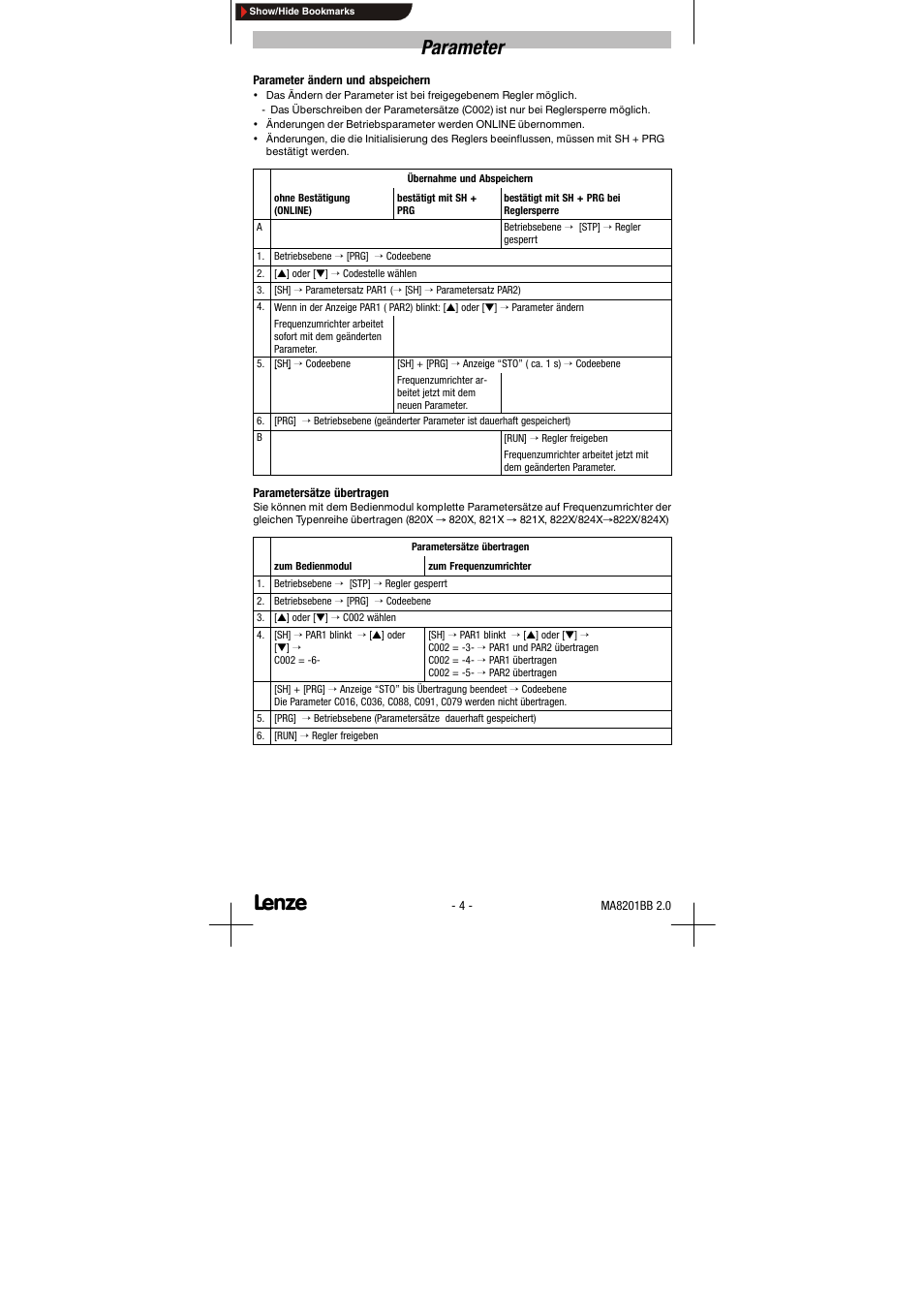 Parameter | Lenze EDK8201BB User Manual | Page 4 / 12