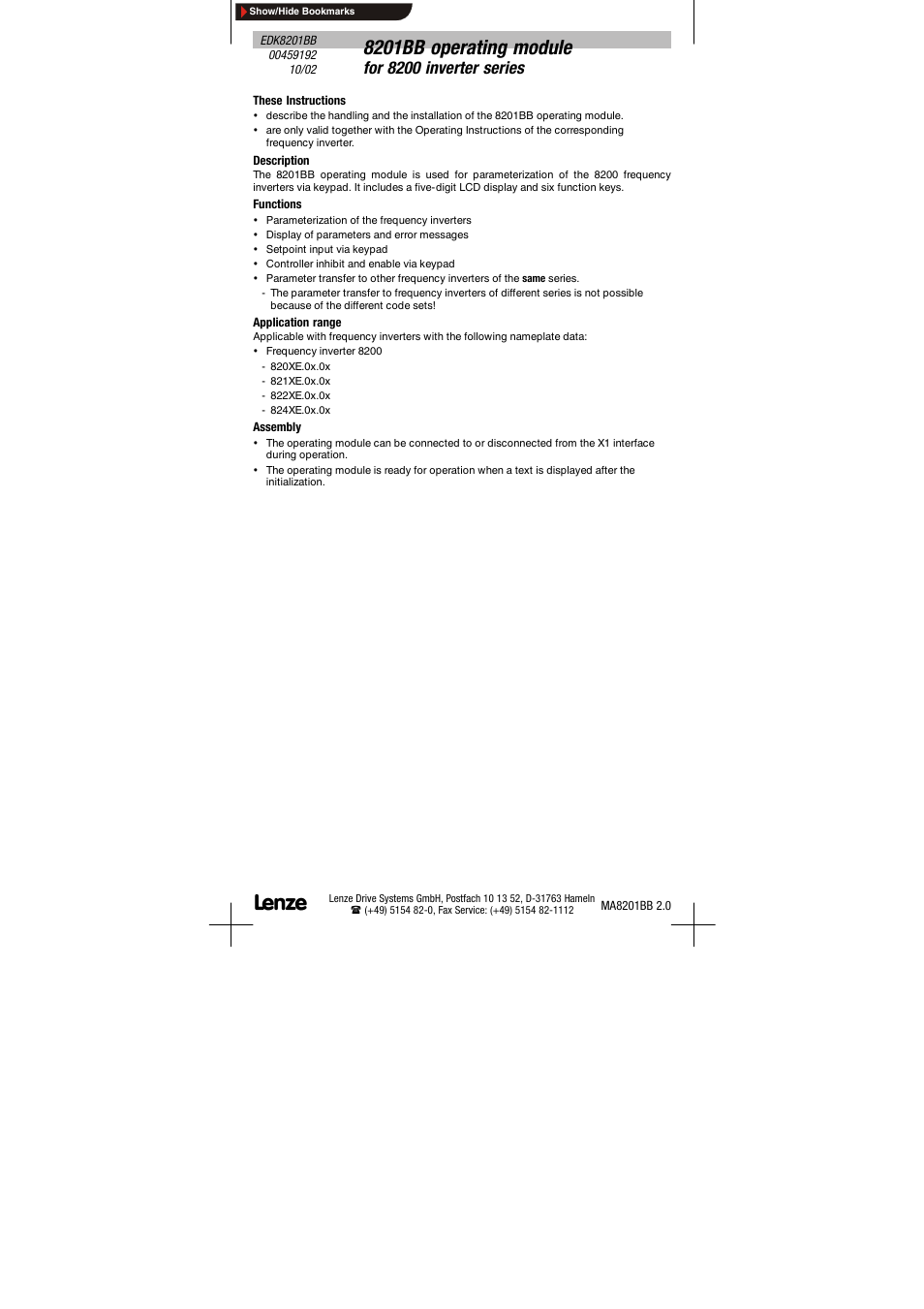 8201bb operating module for 8200 inverter series, 8201bb operating module, For 8200 inverter series | Lenze EDK8201BB User Manual | Page 5 / 12