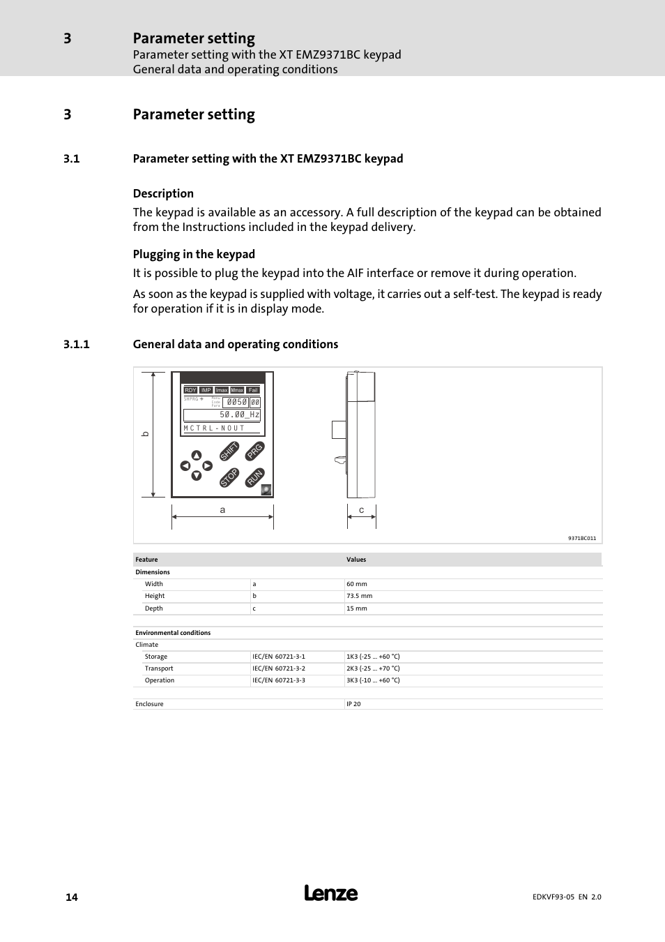 3 parameter setting, 1 parameter setting with the xt emz9371bc keypad, 1 general data and operating conditions | Parameter setting, Parameter setting with the xt emz9371bc keypad, General data and operating conditions, 3parameter setting | Lenze EVF9383−EV User Manual | Page 14 / 41