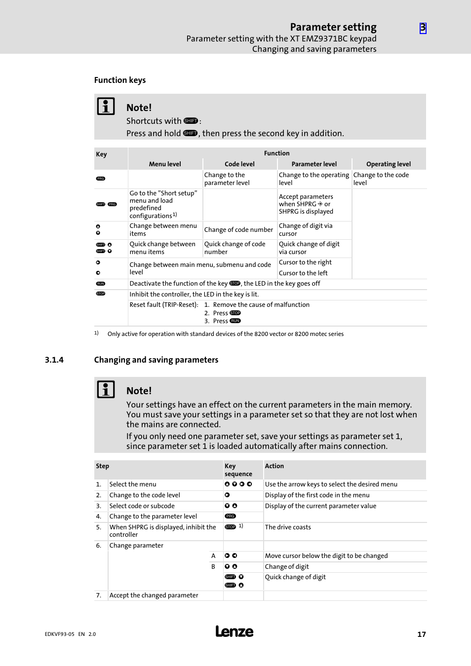 4 changing and saving parameters, Changing and saving parameters, Parameter setting | Lenze EVF9383−EV User Manual | Page 17 / 41