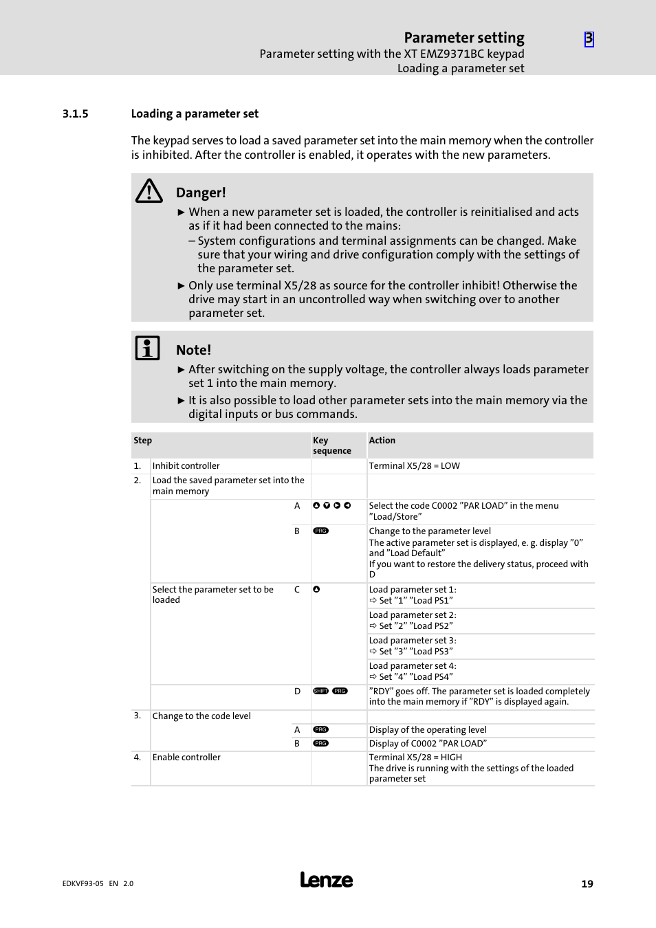 5 loading a parameter set, Loading a parameter set, Parameter setting | Danger | Lenze EVF9383−EV User Manual | Page 19 / 41