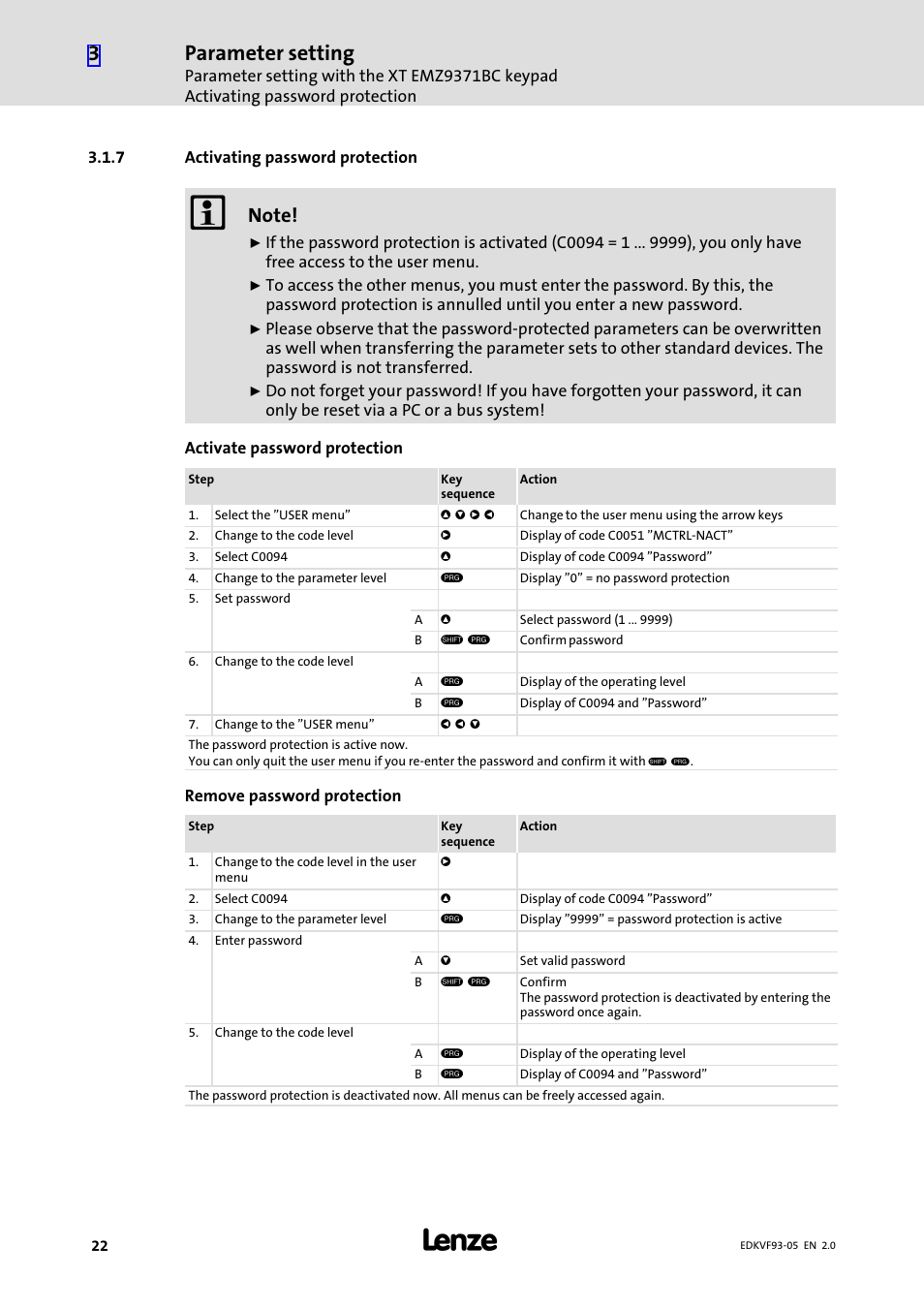 7 activating password protection, Activating password protection, Parameter setting | Lenze EVF9383−EV User Manual | Page 22 / 41