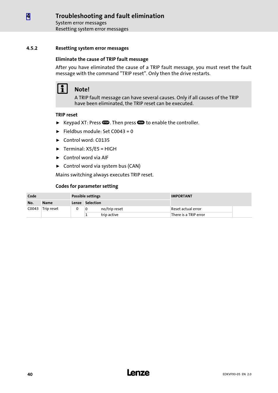2 resetting system error messages, Resetting system error messages, Troubleshooting and fault elimination | Lenze EVF9383−EV User Manual | Page 40 / 41