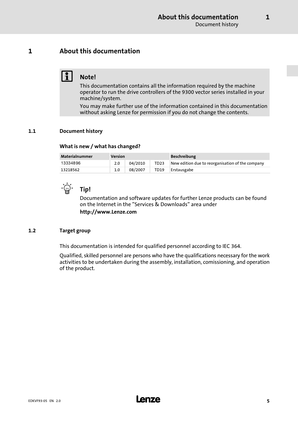 1 about this documentation, 1 document history, 2 target group | About this documentation, Document history, Target group, 1about this documentation | Lenze EVF9383−EV User Manual | Page 5 / 41