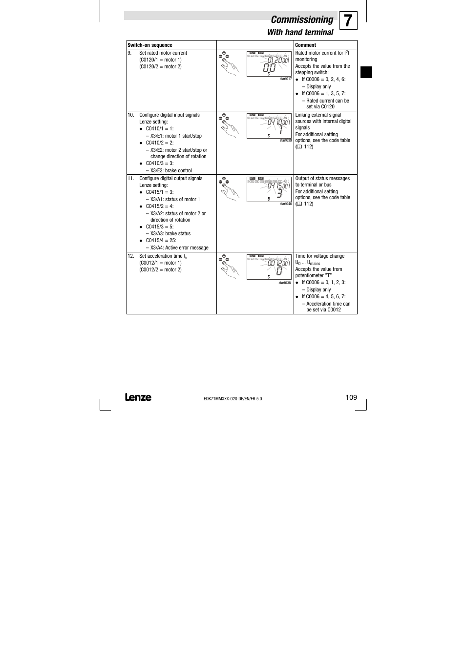 Commissioning, With hand terminal | Lenze EDK71MMXXX−020 User Manual | Page 109 / 206