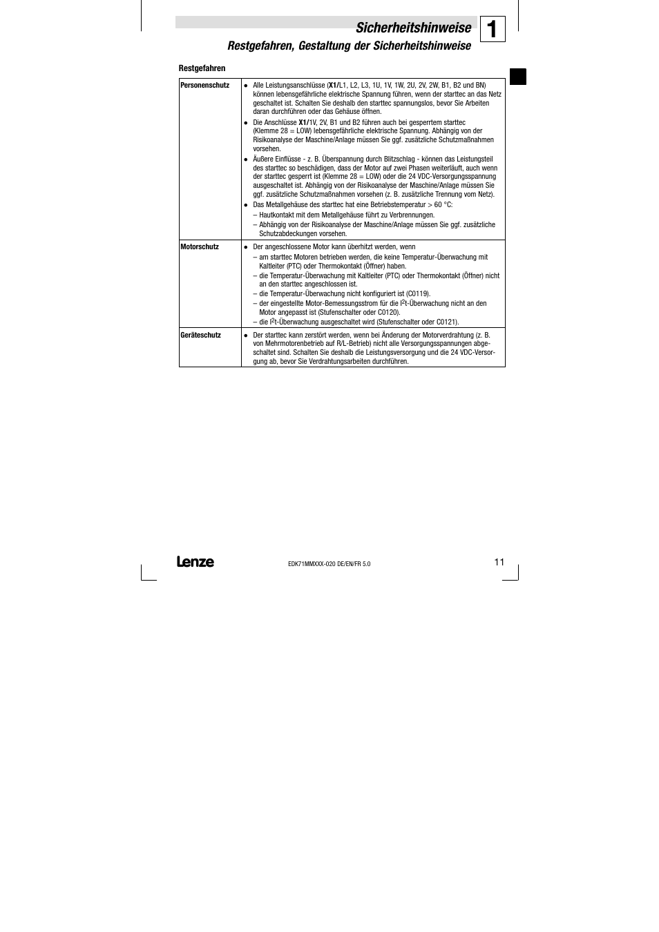 Restgefahren, gestaltung der sicherheitshinweise, Sicherheitshinweise | Lenze EDK71MMXXX−020 User Manual | Page 11 / 206