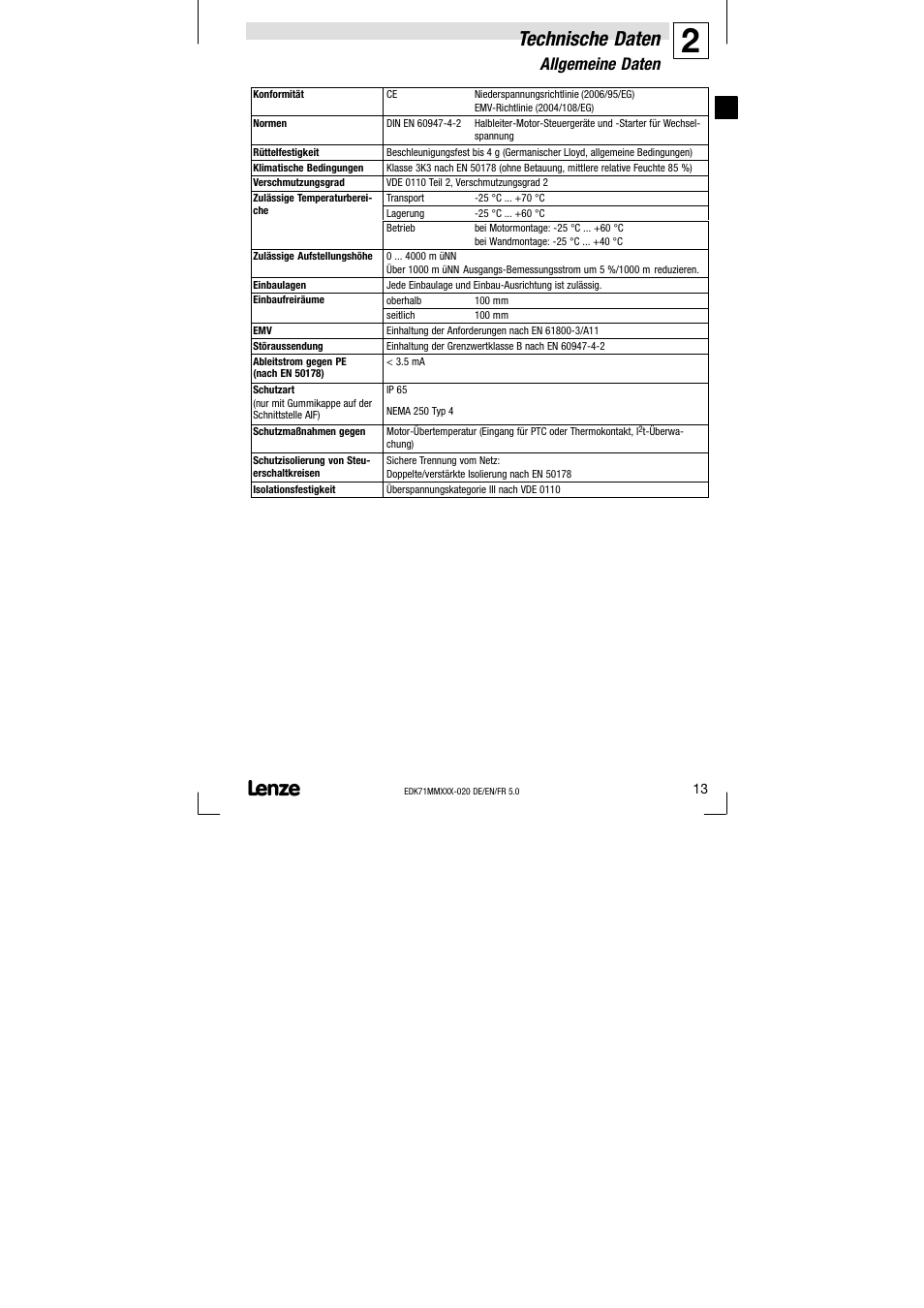 2 technische daten, Allgemeine daten, Technische daten | Lenze EDK71MMXXX−020 User Manual | Page 13 / 206