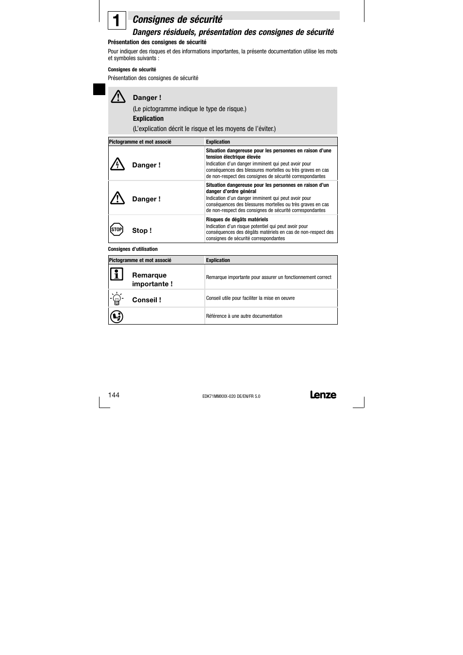 Consignes de sécurité | Lenze EDK71MMXXX−020 User Manual | Page 144 / 206