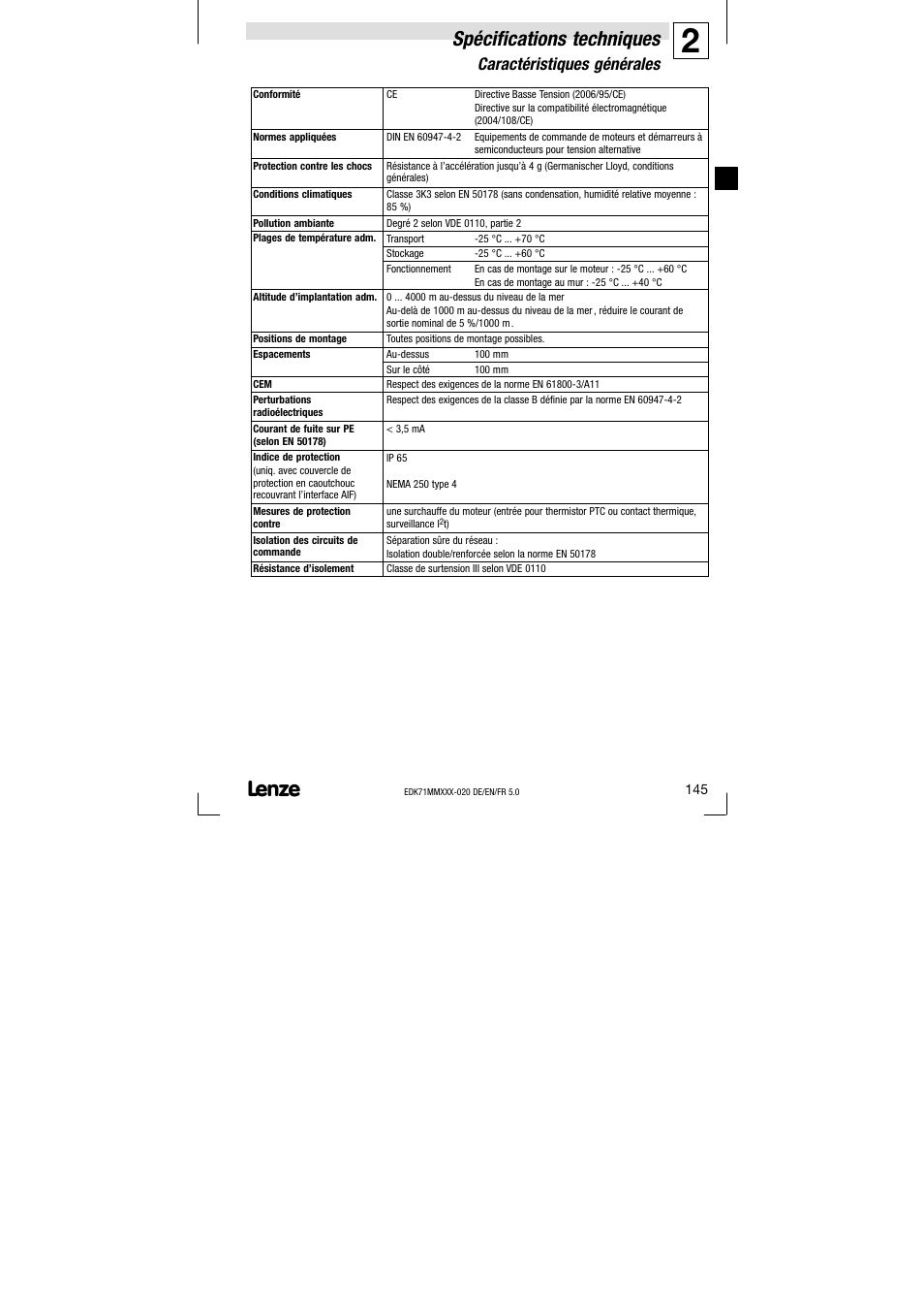 2 spécifications techniques, Caractéristiques générales, Spécifications techniques | Lenze EDK71MMXXX−020 User Manual | Page 145 / 206