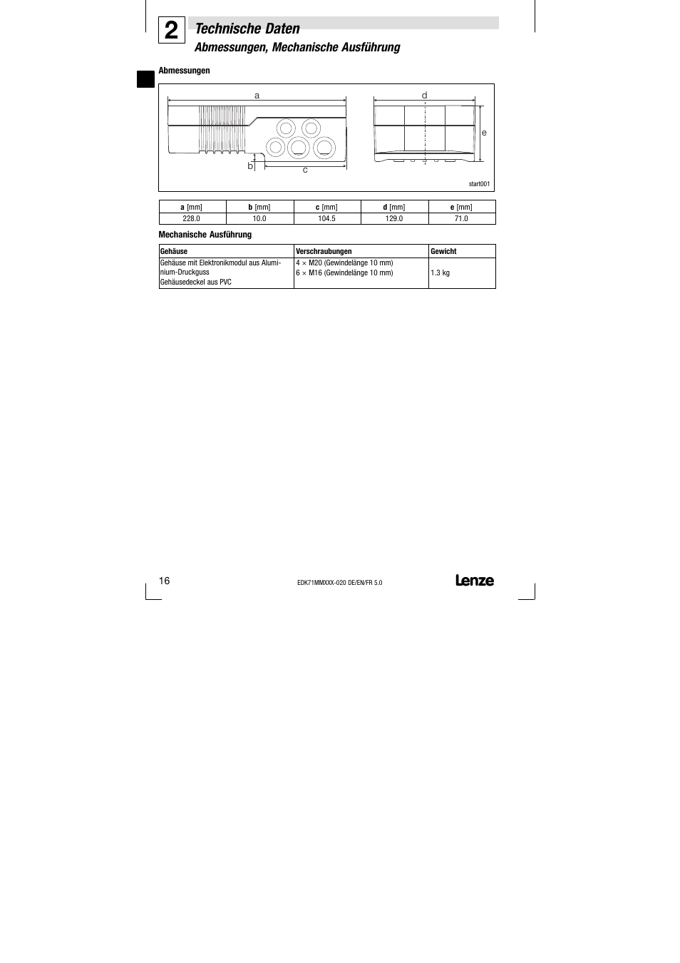 Abmessungen, mechanische ausführung, Technische daten | Lenze EDK71MMXXX−020 User Manual | Page 16 / 206