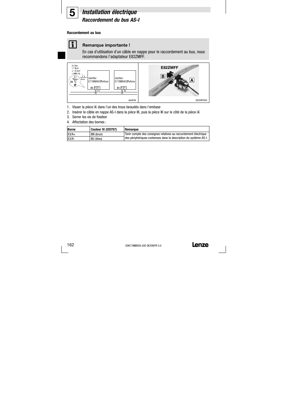 Installation électrique, Raccordement du bus as−i | Lenze EDK71MMXXX−020 User Manual | Page 162 / 206