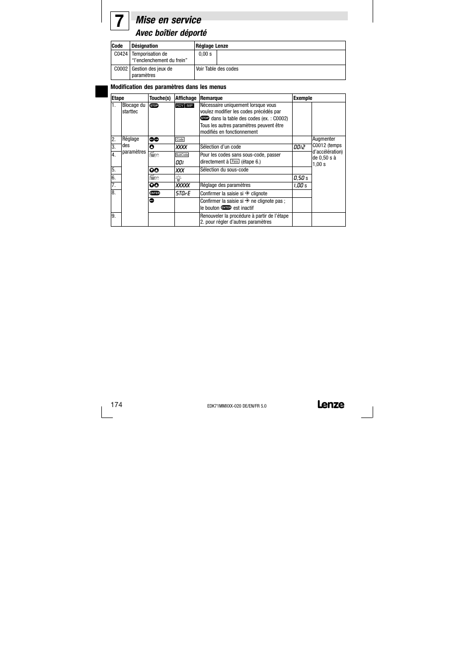 Mise en service, Avec boîtier déporté | Lenze EDK71MMXXX−020 User Manual | Page 174 / 206