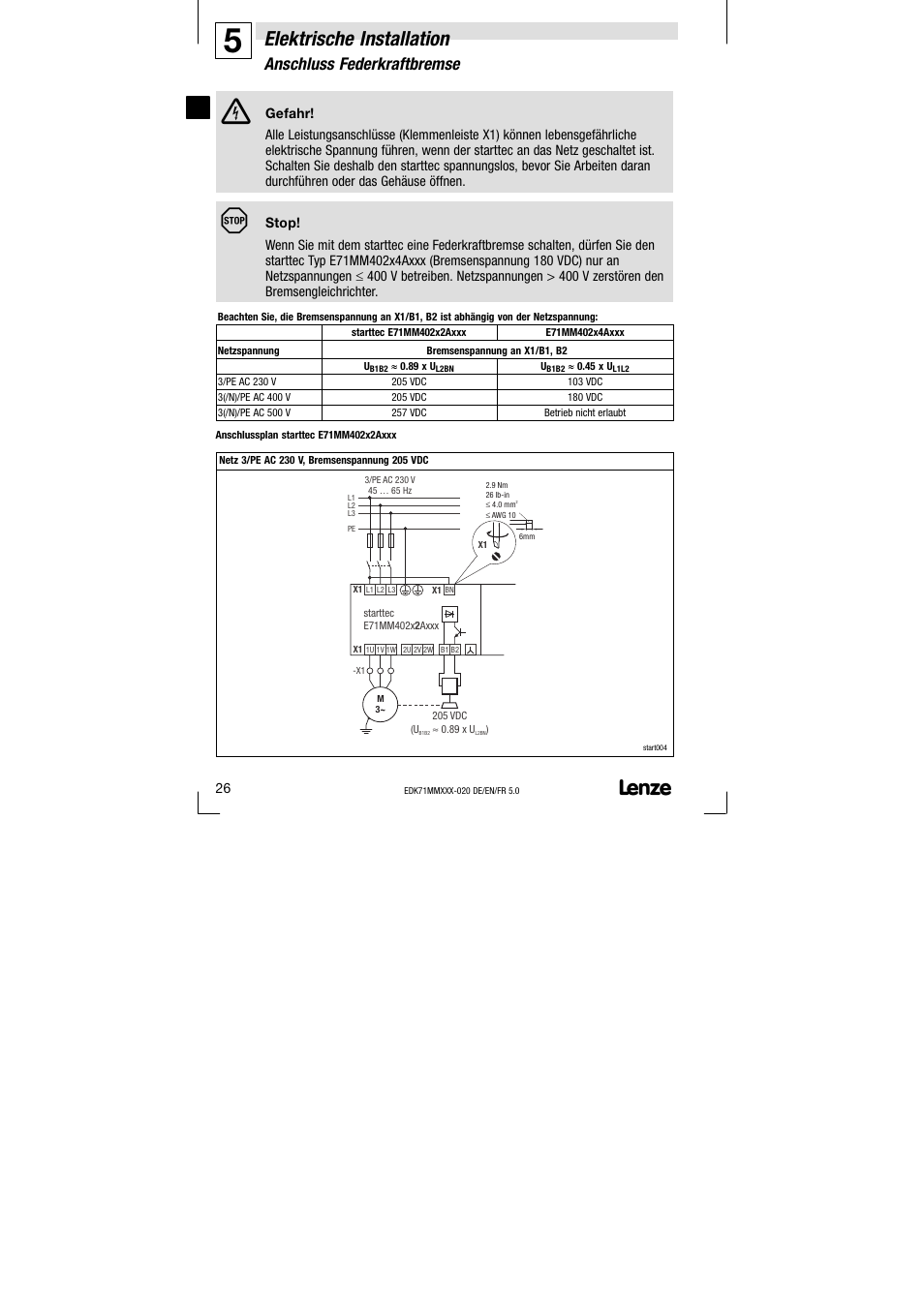 Anschluss federkraftbremse, Elektrische installation | Lenze EDK71MMXXX−020 User Manual | Page 26 / 206