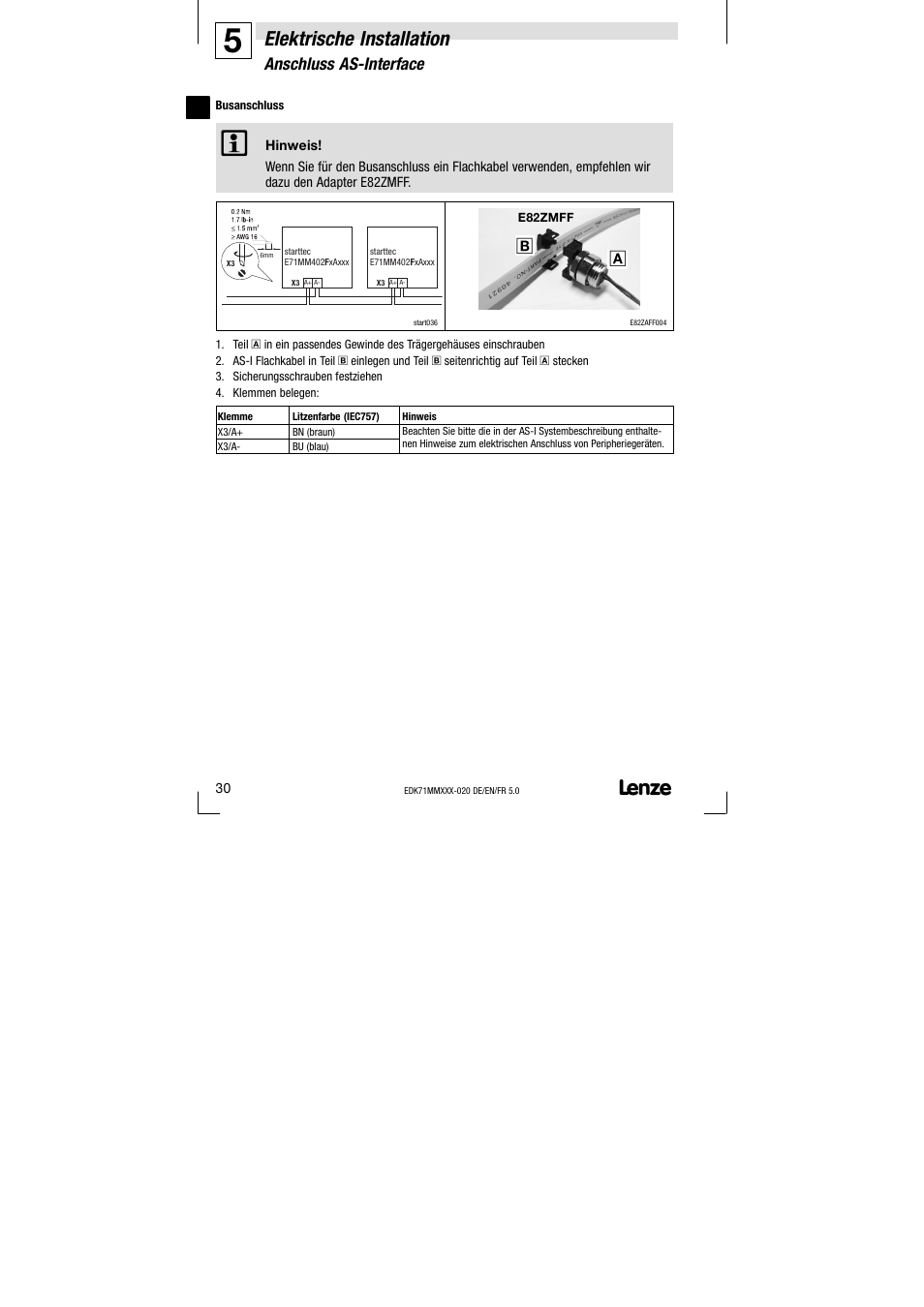 Elektrische installation, Anschluss as−interface | Lenze EDK71MMXXX−020 User Manual | Page 30 / 206