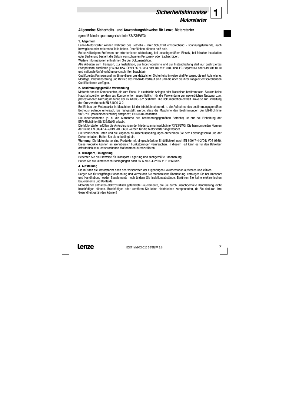 1 sicherheitshinweise, Motorstarter, Sicherheitshinweise | Lenze EDK71MMXXX−020 User Manual | Page 7 / 206