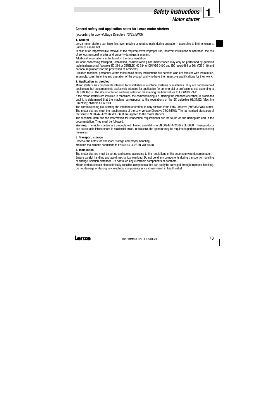 1 safety instructions, Motor starter, Safety instructions | Lenze EDK71MMXXX−020 User Manual | Page 73 / 206
