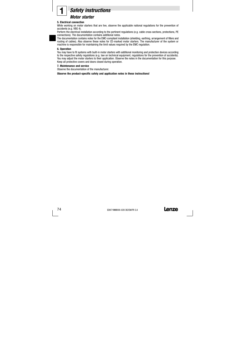Safety instructions | Lenze EDK71MMXXX−020 User Manual | Page 74 / 206