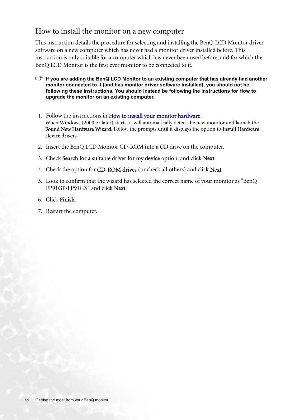 How to install the monitor on a new computer | BenQ FP91GP User Manual | Page 11 / 36