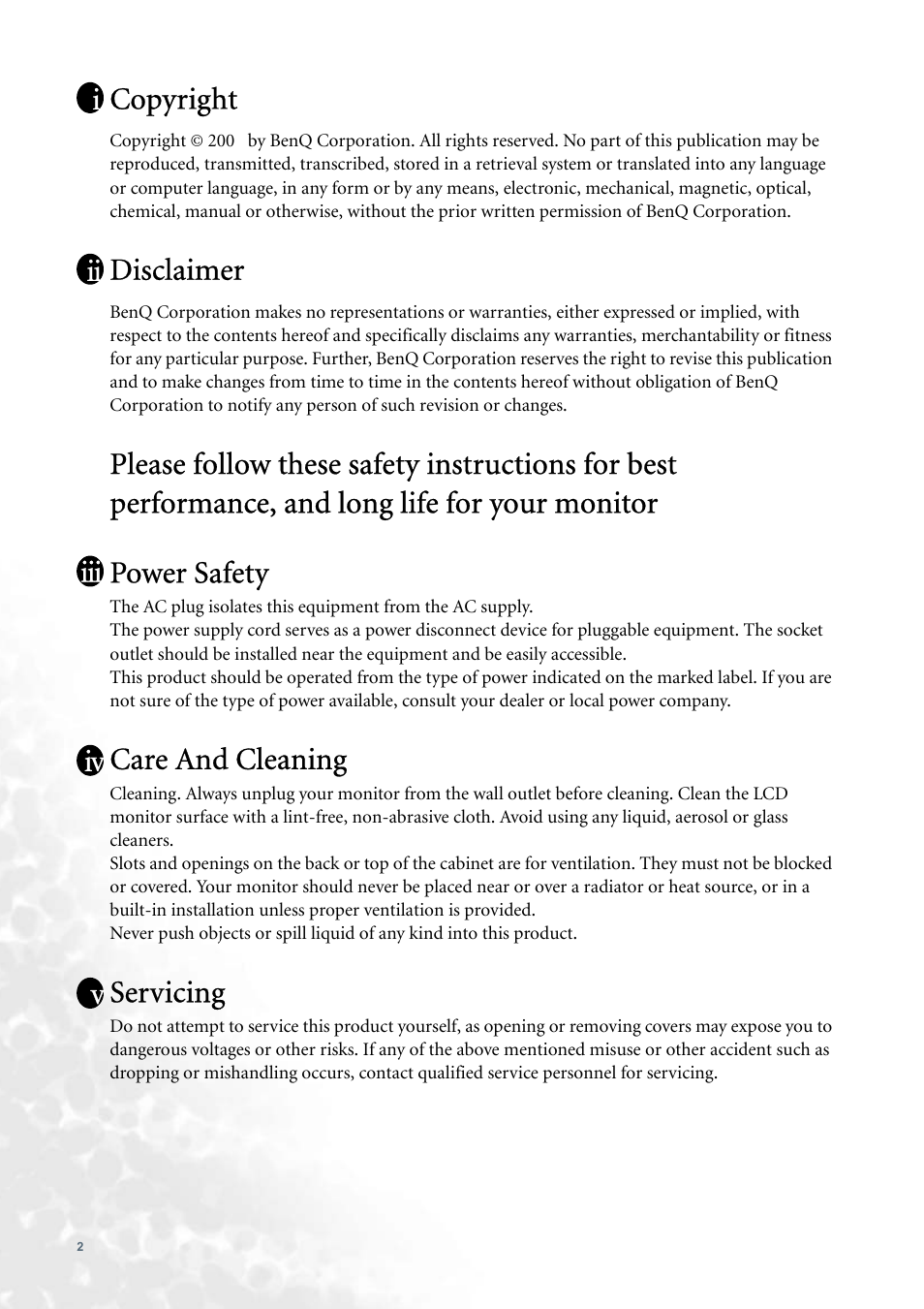 Copyright, Disclaimer, Care and cleaning | Servicing, Iii iv v | BenQ FP91GP User Manual | Page 2 / 36