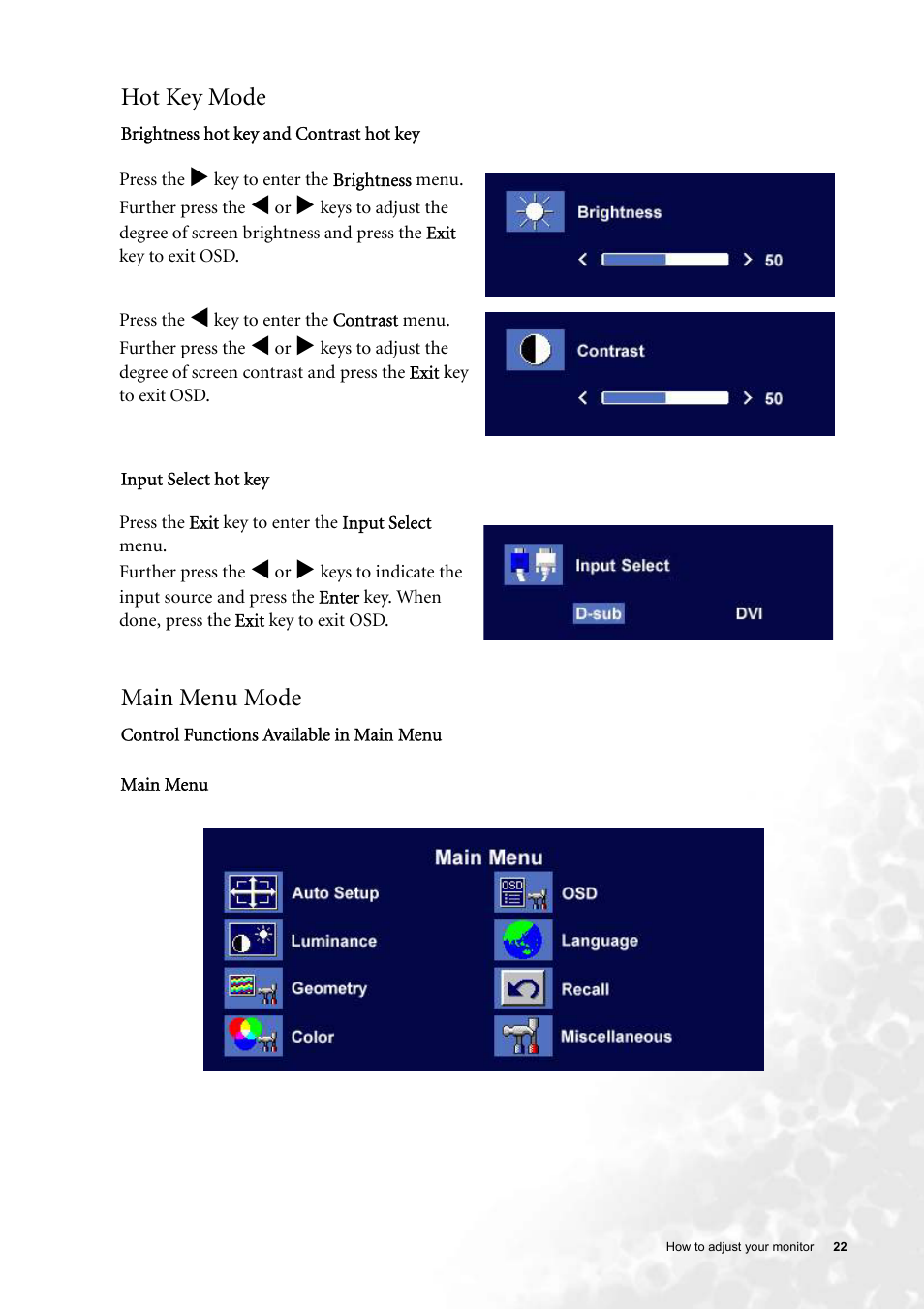Hot key mode, Main menu mode, Hot key mode main menu mode | BenQ FP91GP User Manual | Page 22 / 36