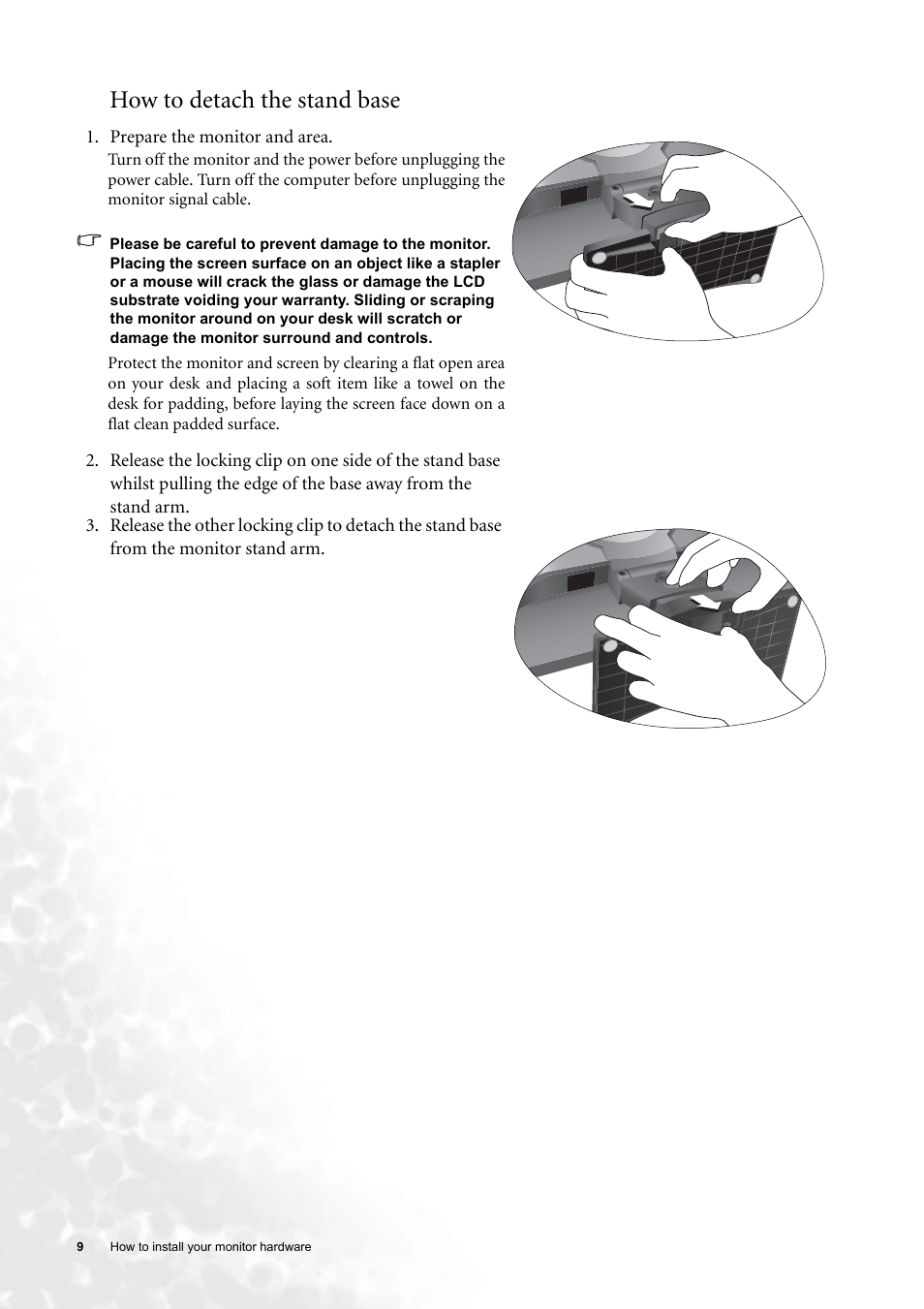 How to detach the stand base | BenQ FP91GP User Manual | Page 9 / 36