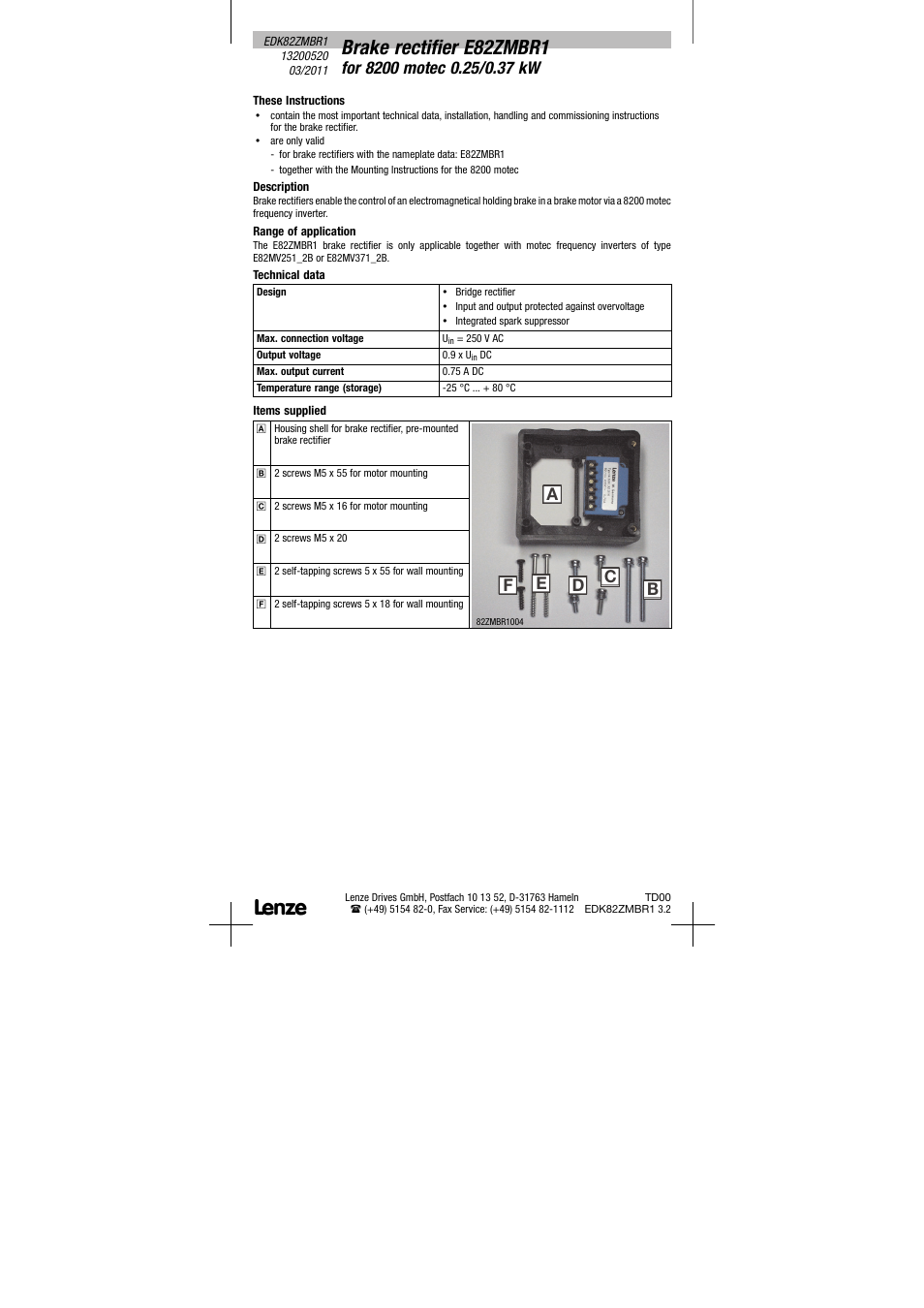 Brake rectifier e82zmbr1 | Lenze E82ZMBR1 User Manual | Page 6 / 15