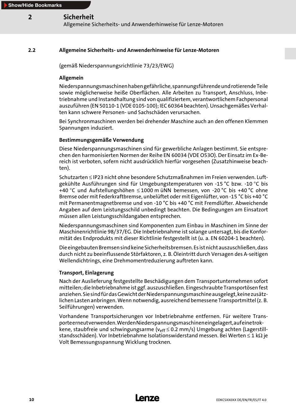 Sicherheit | Lenze ECS series User Manual | Page 10 / 74