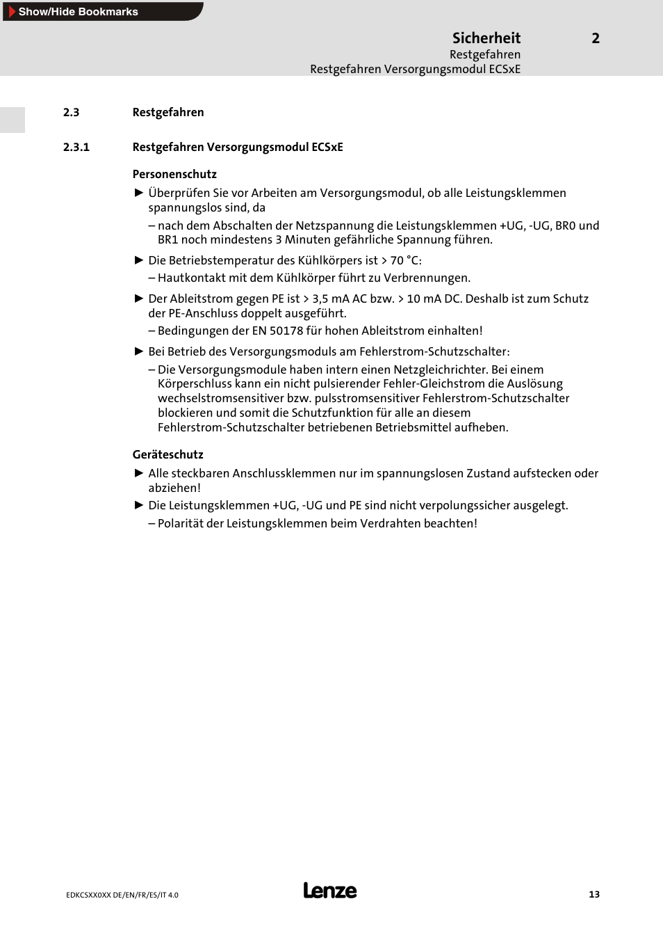 3 restgefahren, 1 restgefahren versorgungsmodul ecsxe, Sicherheit | Lenze ECS series User Manual | Page 13 / 74
