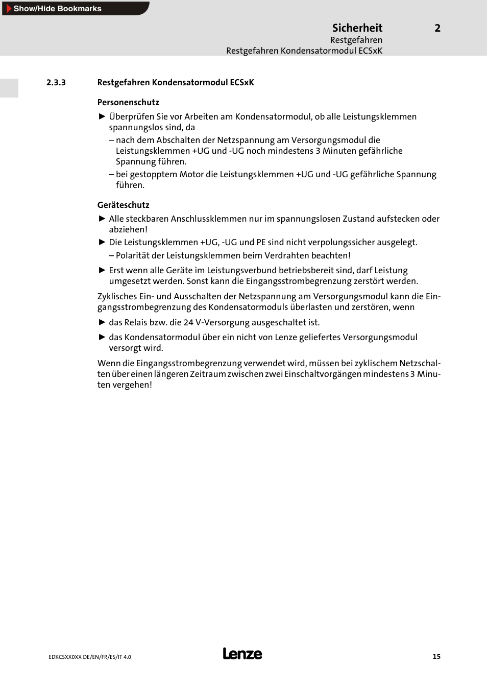 3 restgefahren kondensatormodul ecsxk, Sicherheit | Lenze ECS series User Manual | Page 15 / 74