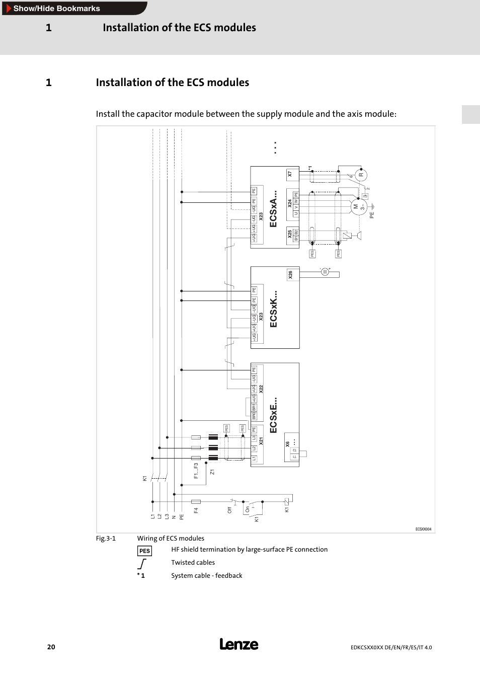 1 installation of the ecs modules, Installation of the ecs modules 1, 1installation of the ecs modules | Ecsxk, Ecsxe, Ecsxa, Show/hide bookmarks | Lenze ECS series User Manual | Page 20 / 74