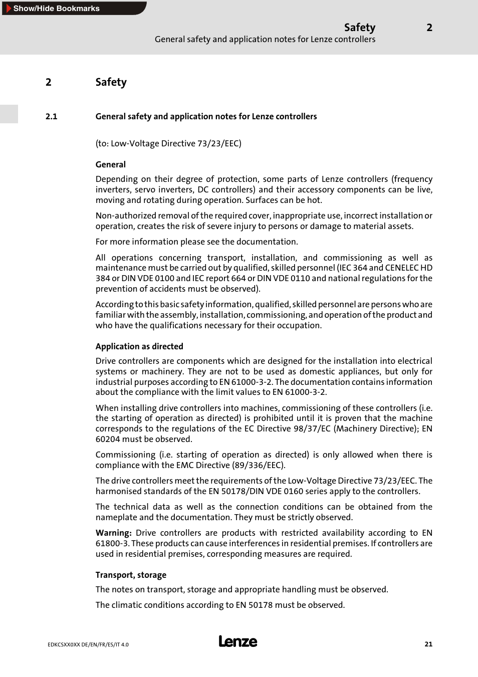 2 safety, Safety, 2safety | Lenze ECS series User Manual | Page 21 / 74