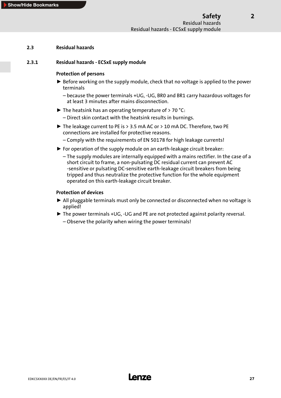 3 residual hazards, 1 residual hazards - ecsxe supply module, Safety | Lenze ECS series User Manual | Page 27 / 74