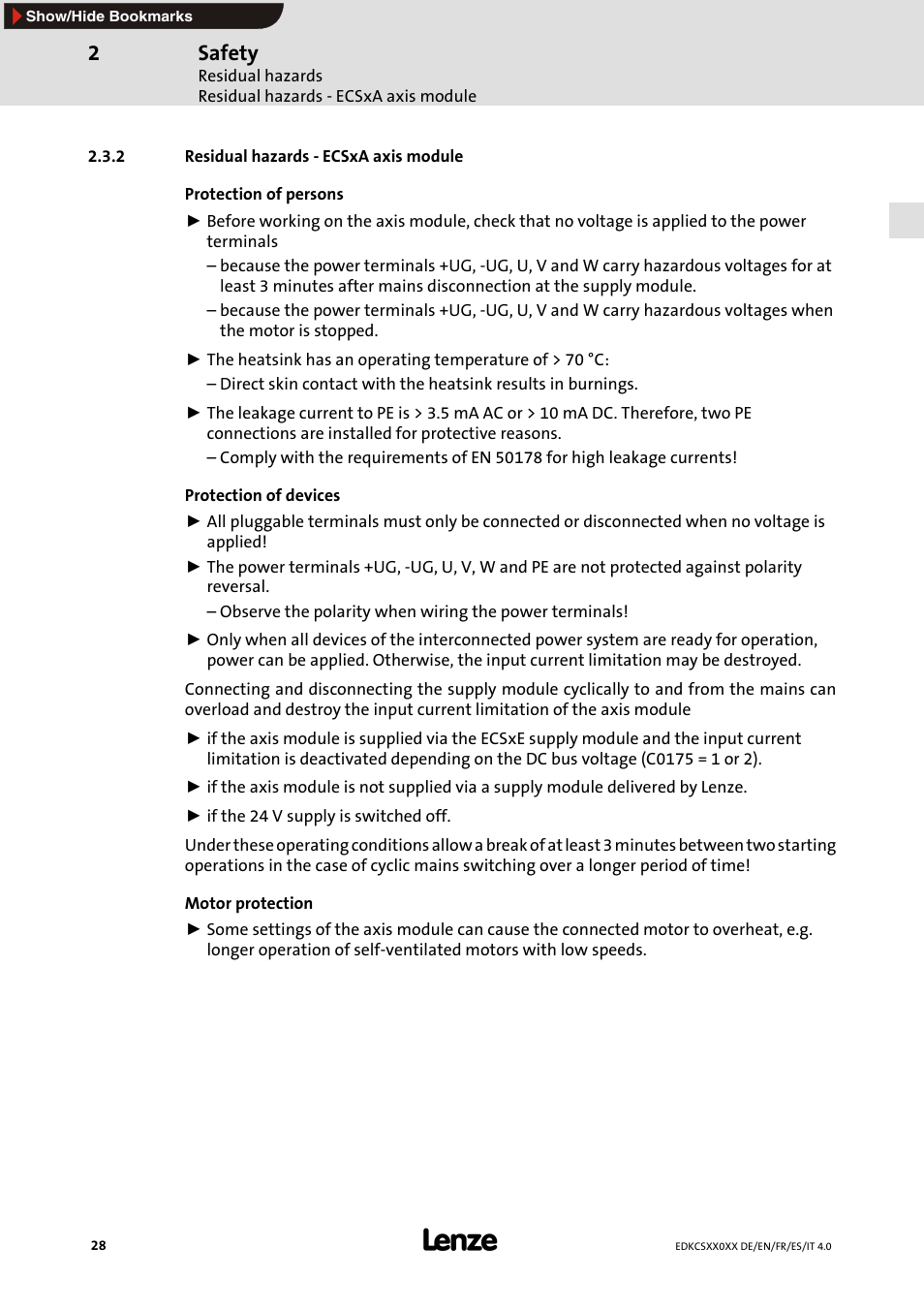 2 residual hazards - ecsxa axis module, Safety | Lenze ECS series User Manual | Page 28 / 74