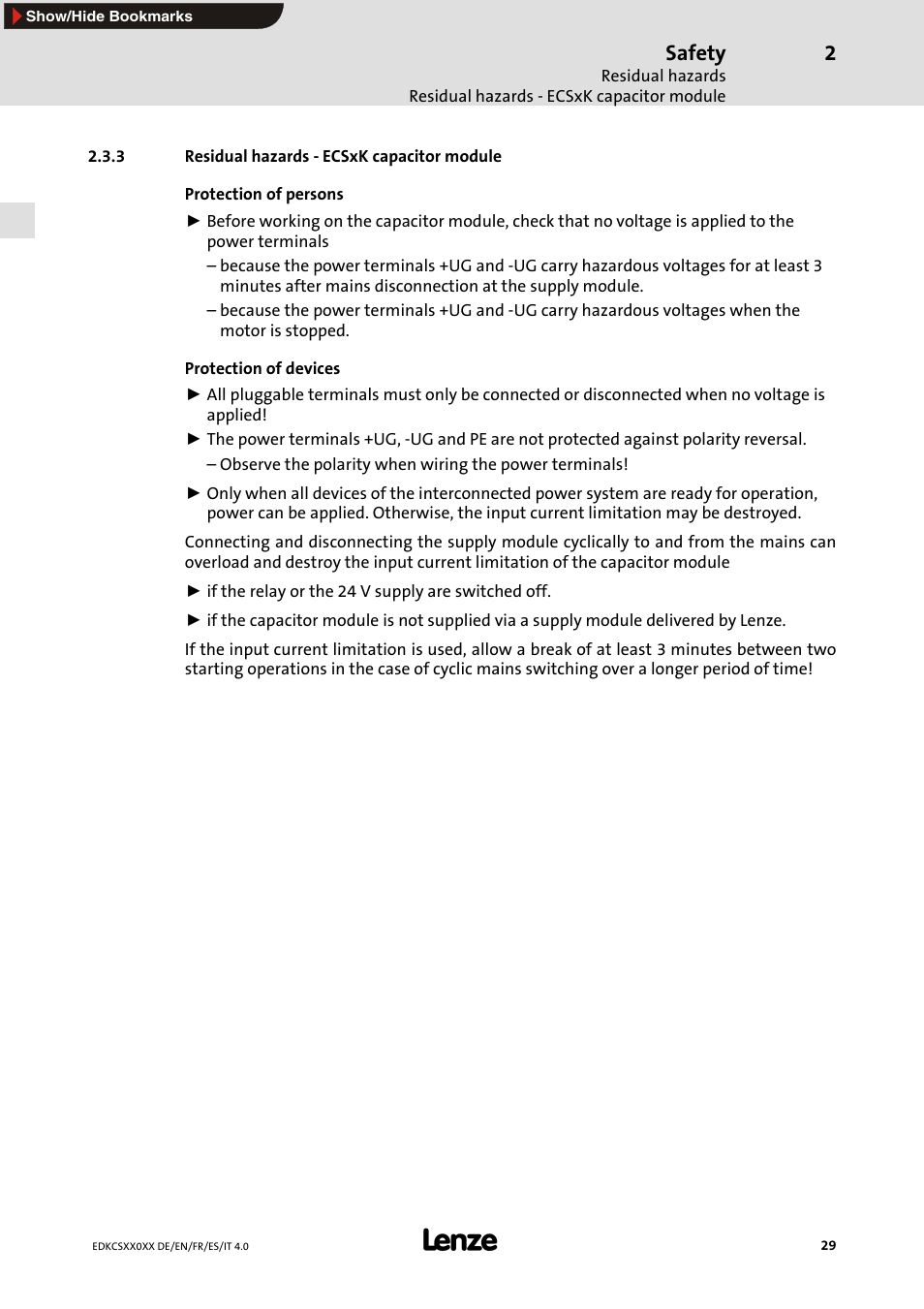 3 residual hazards - ecsxk capacitor module, Safety | Lenze ECS series User Manual | Page 29 / 74