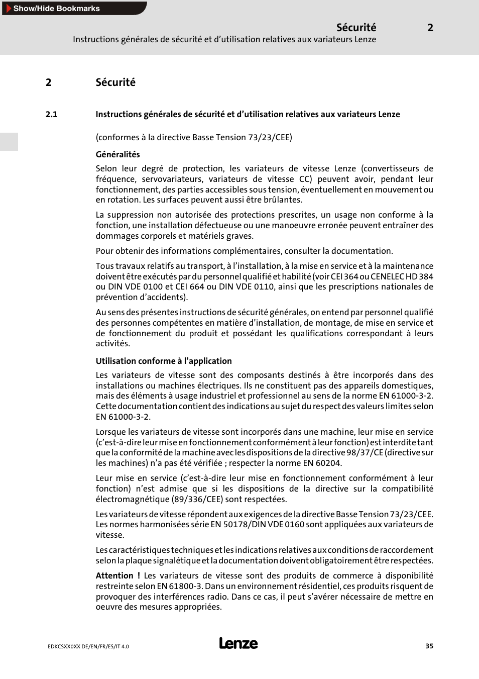 2 sécurité, Sécurité, 2sécurité | Lenze ECS series User Manual | Page 35 / 74