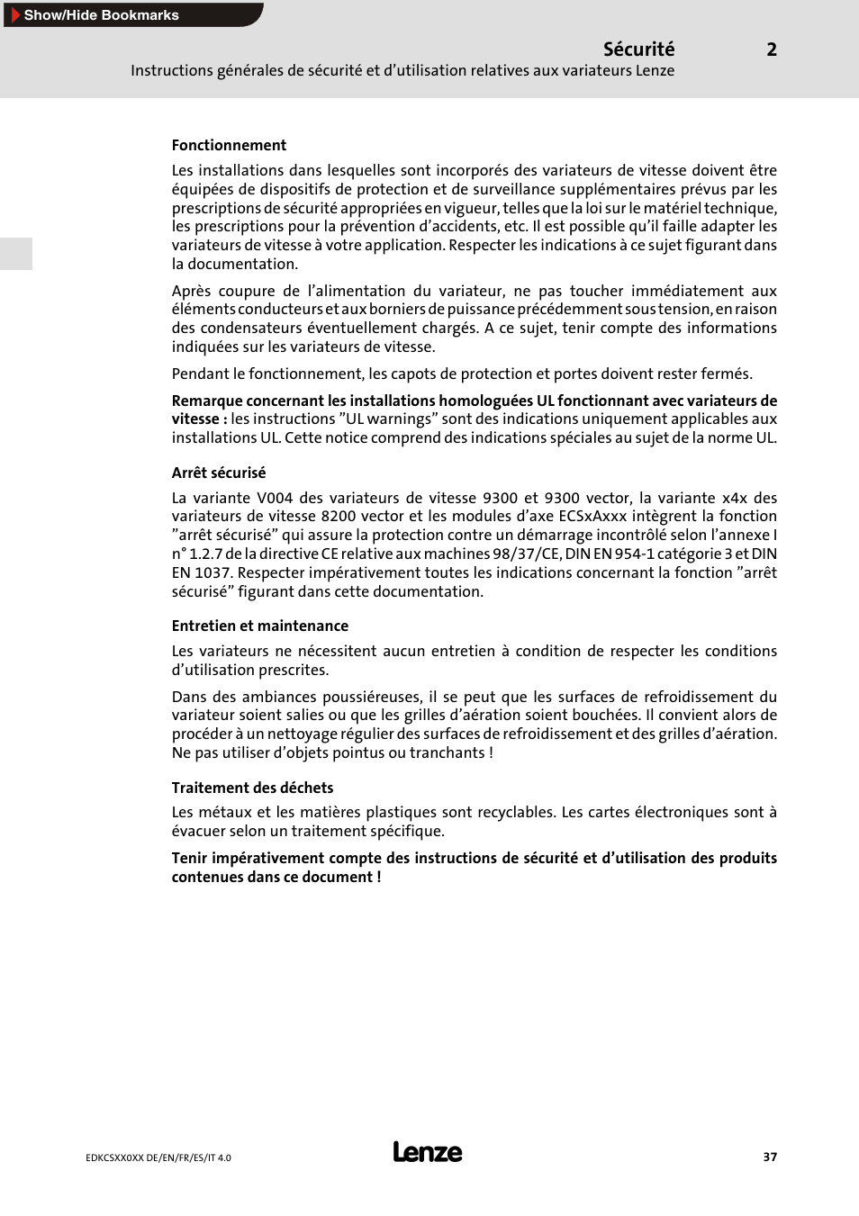 Sécurité | Lenze ECS series User Manual | Page 37 / 74