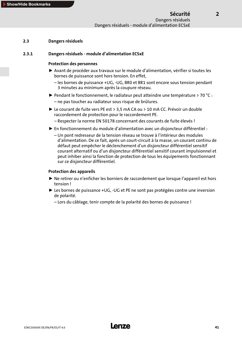 3 dangers résiduels, 1 dangers résiduels - module d'alimentation ecsxe, Sécurité | Lenze ECS series User Manual | Page 41 / 74