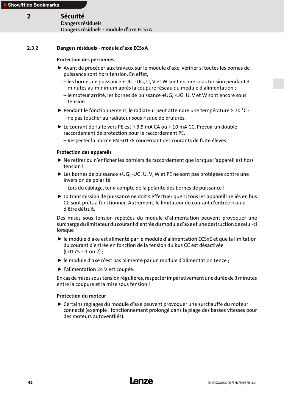 2 dangers résiduels - module d'axe ecsxa, Sécurité | Lenze ECS series User Manual | Page 42 / 74