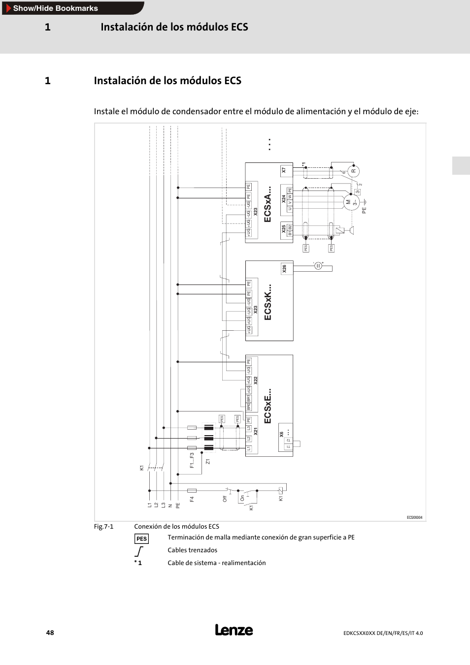 1 instalación de los módulos ecs, Instalación de los módulos ecs 1, 1instalación de los módulos ecs | Ecsxk, Ecsxe, Ecsxa, Show/hide bookmarks | Lenze ECS series User Manual | Page 48 / 74