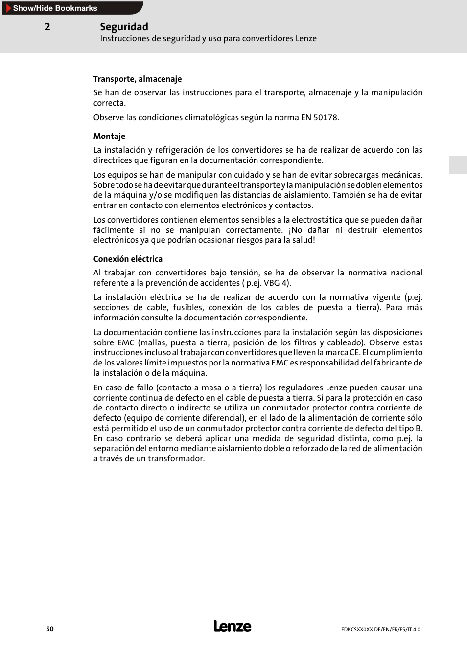 Seguridad | Lenze ECS series User Manual | Page 50 / 74