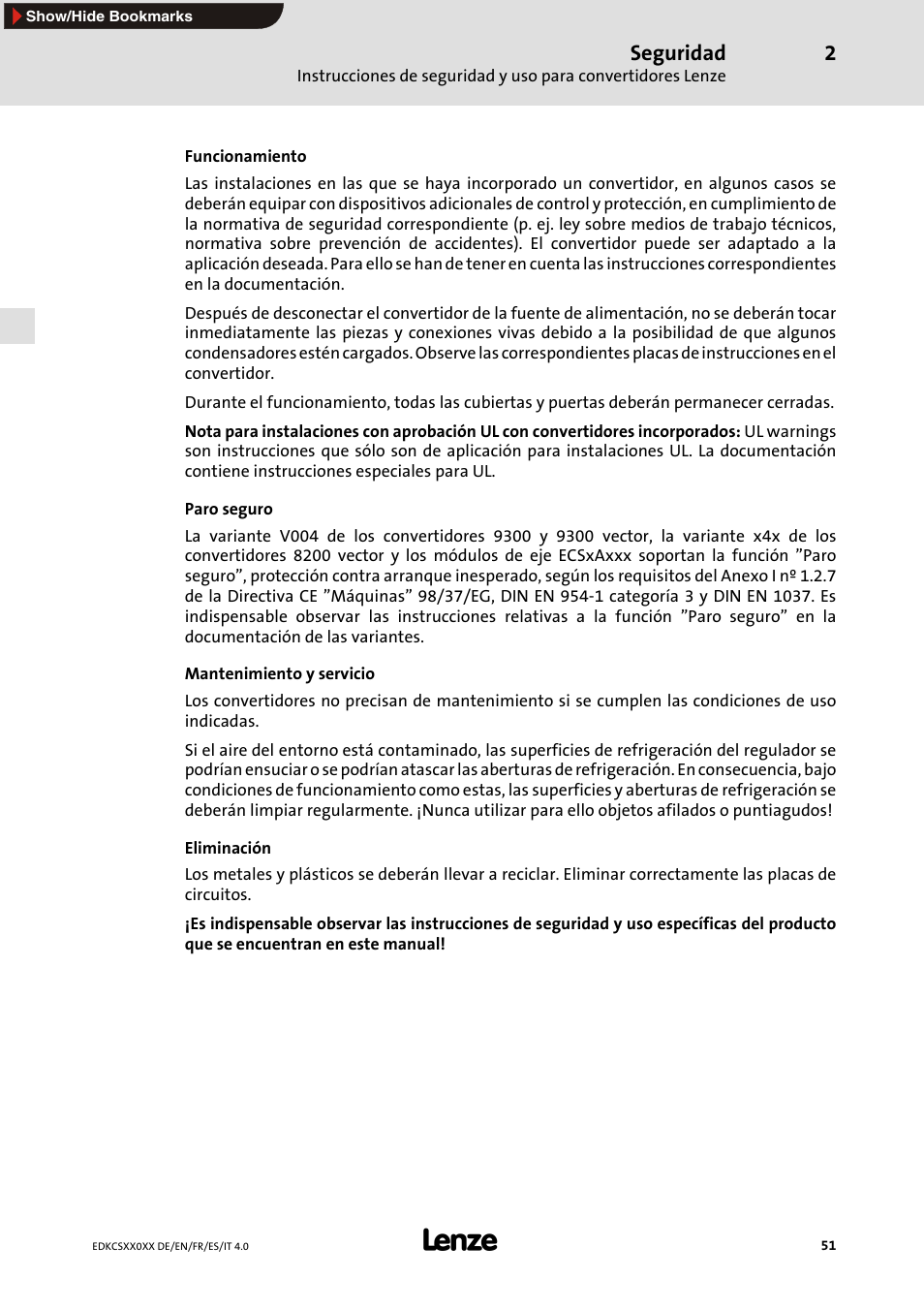 Seguridad | Lenze ECS series User Manual | Page 51 / 74