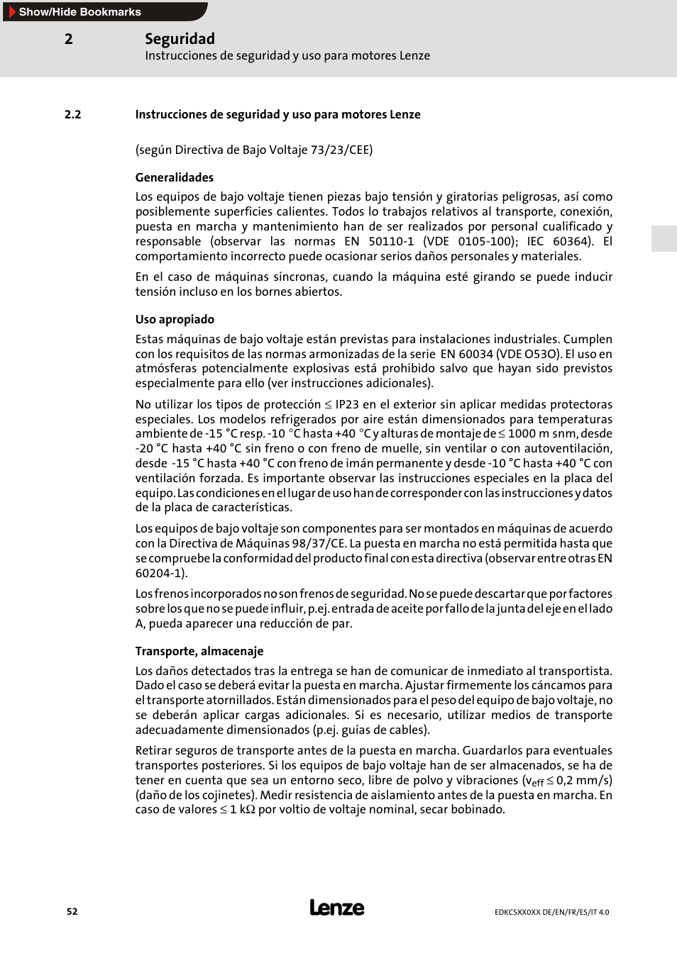 Seguridad | Lenze ECS series User Manual | Page 52 / 74