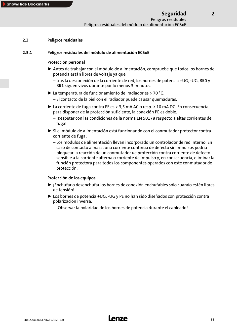 3 peligros residuales, Seguridad | Lenze ECS series User Manual | Page 55 / 74