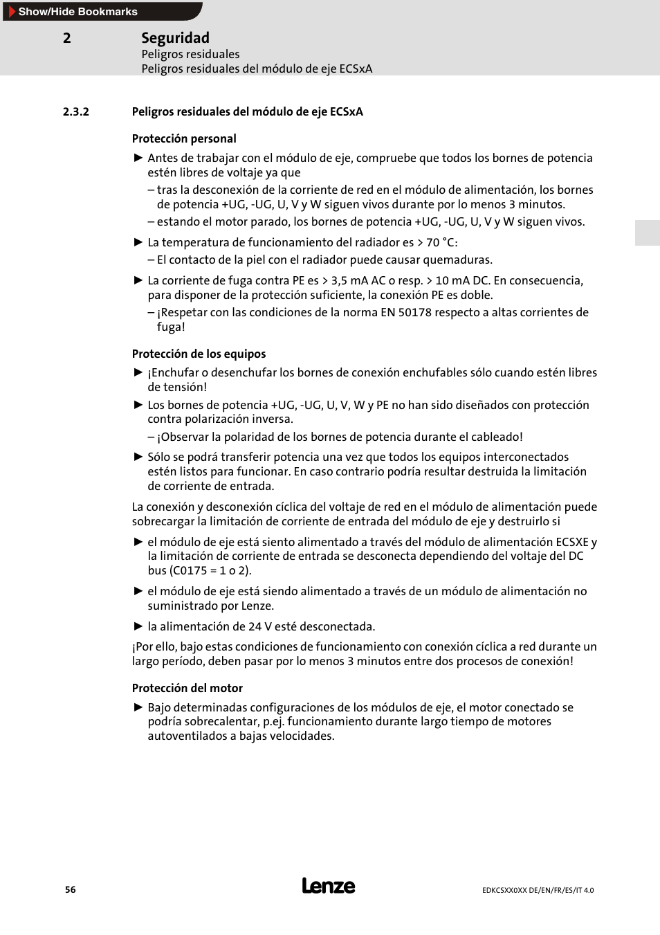 2 peligros residuales del módulo de eje ecsxa, Seguridad | Lenze ECS series User Manual | Page 56 / 74