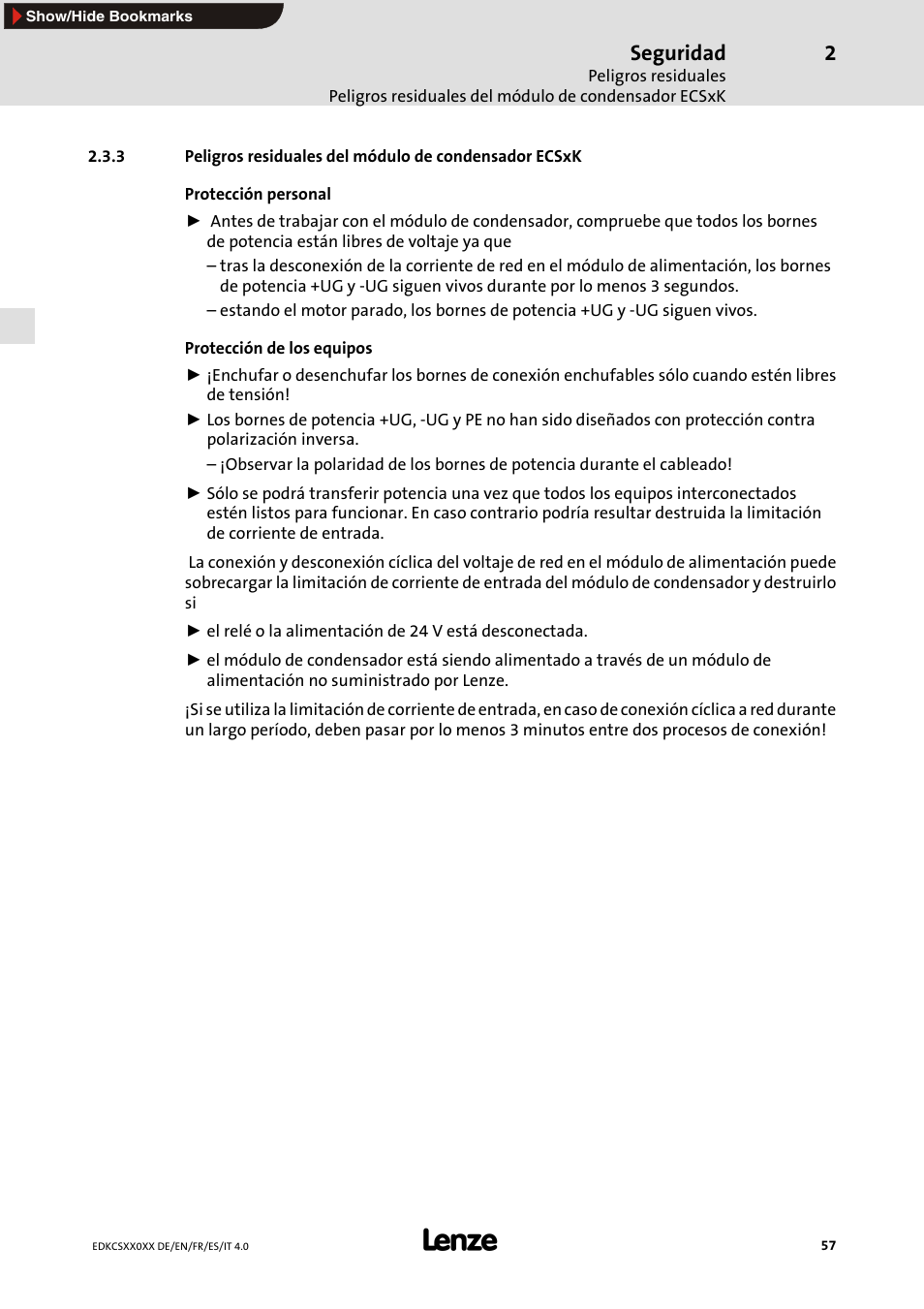 Seguridad | Lenze ECS series User Manual | Page 57 / 74