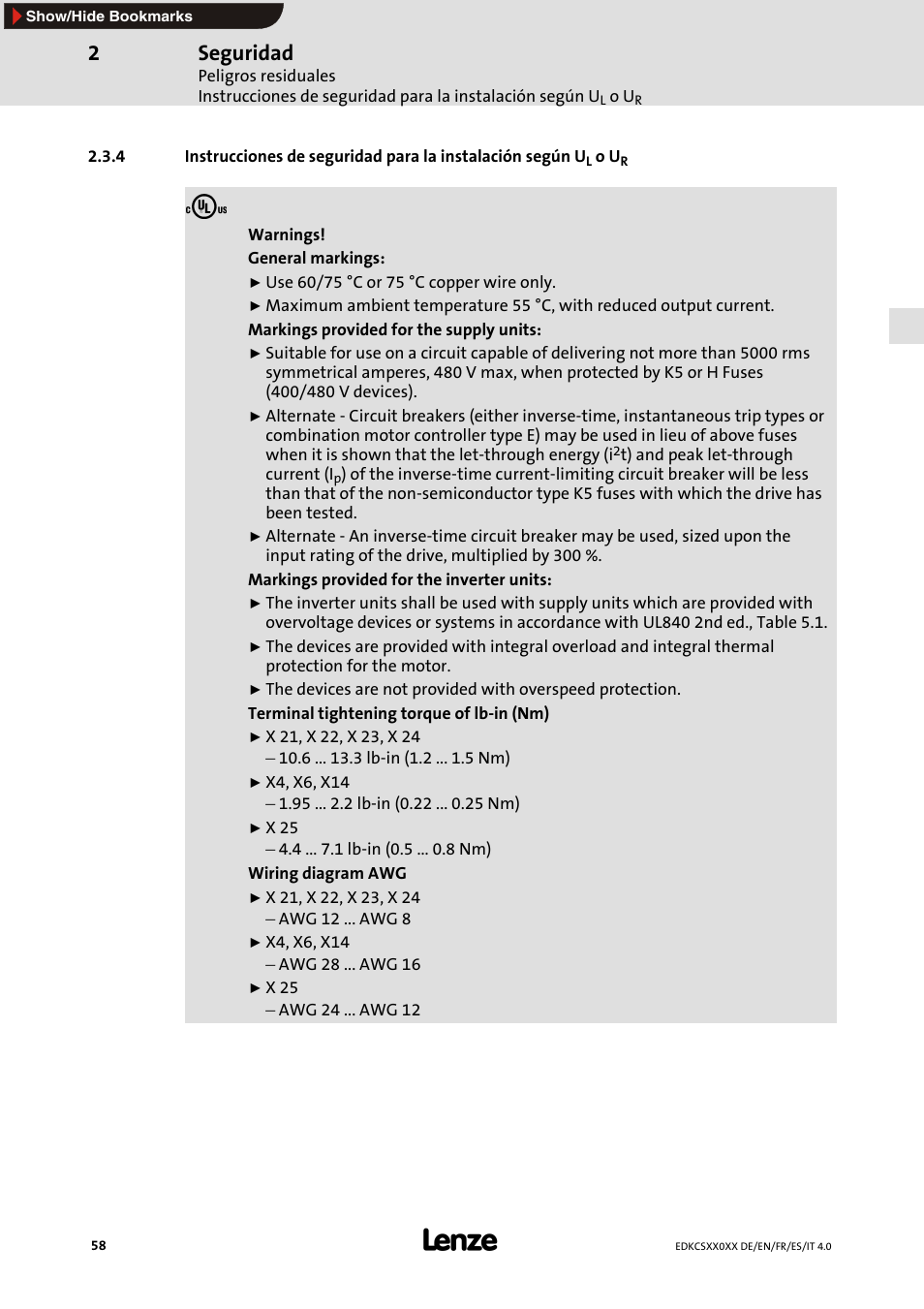 Seguridad | Lenze ECS series User Manual | Page 58 / 74