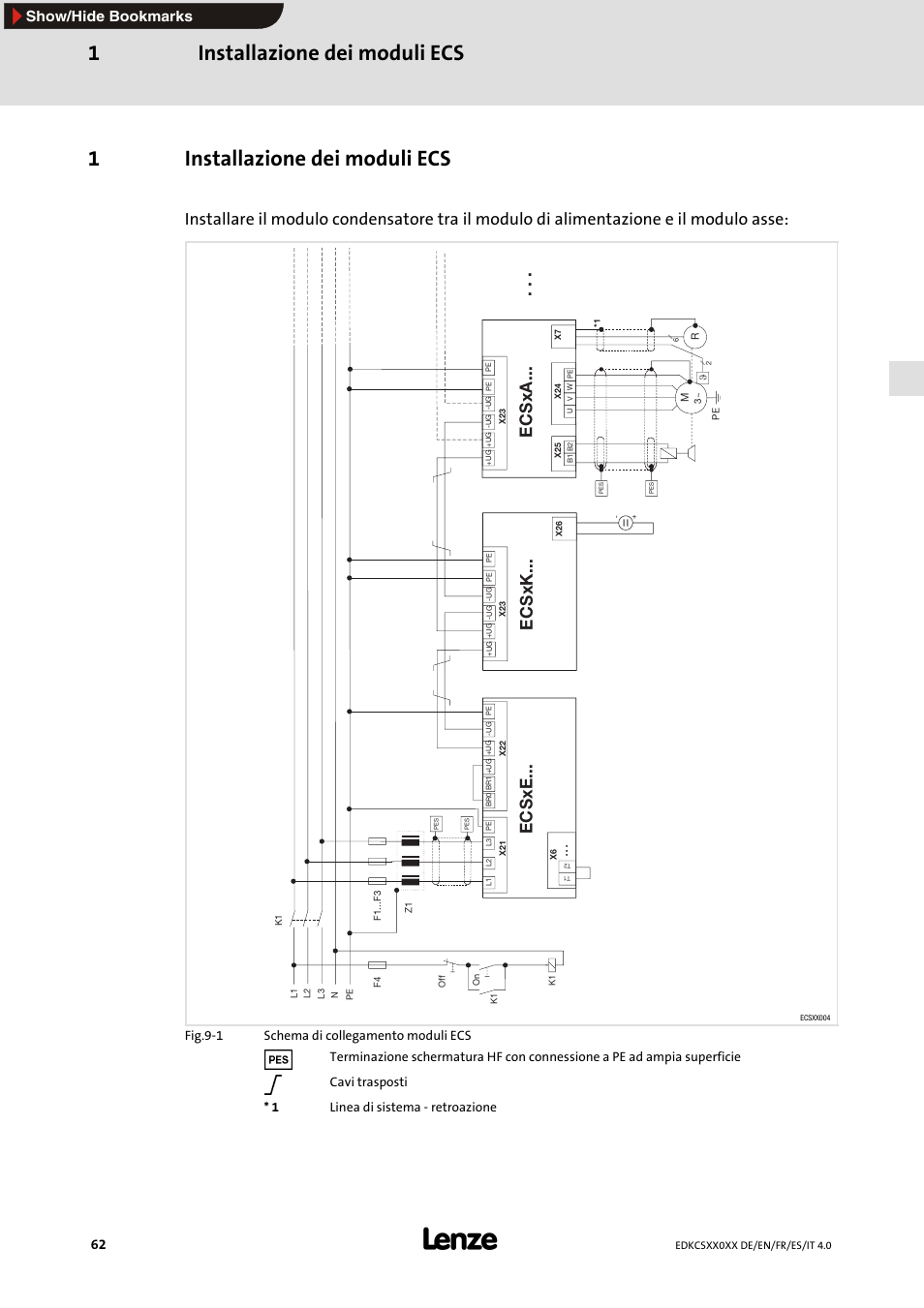 1 installazione dei moduli ecs, Installazione dei moduli ecs 1, 1installazione dei moduli ecs | Ecsxk, Ecsxe, Ecsxa, Show/hide bookmarks | Lenze ECS series User Manual | Page 62 / 74