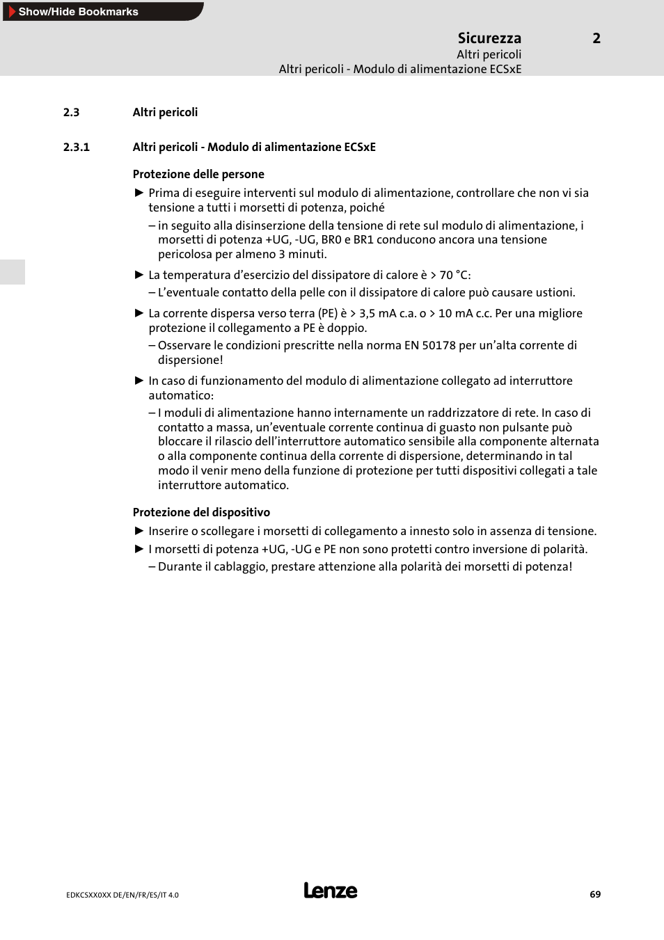 3 altri pericoli, 1 altri pericoli - modulo di alimentazione ecsxe, Sicurezza | Lenze ECS series User Manual | Page 69 / 74