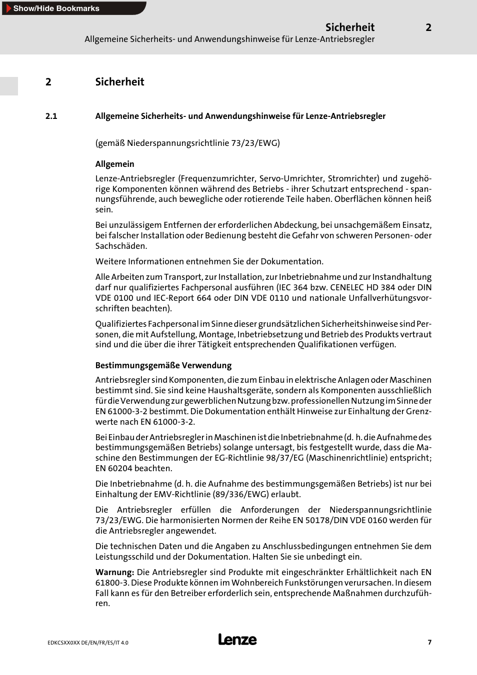 2 sicherheit, Sicherheit, 2sicherheit | Lenze ECS series User Manual | Page 7 / 74